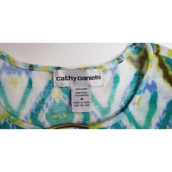 WOMEN'S GREEN & YELLOW PRINT STRETCH KNIT 3/4 SLEEVE BLOUSE - CATHY DANIELS - M - Picture 3 of 4